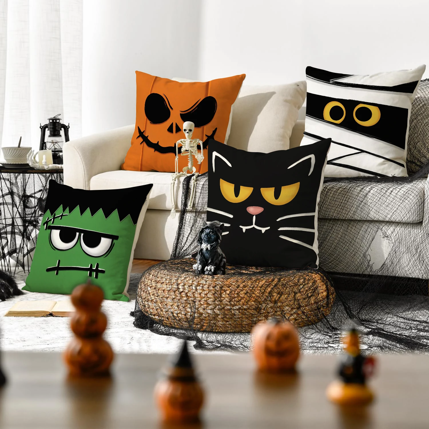 1/4 قطعة كيس وسادة للهالوين، غطاء وسادة إموجي ممتع باللون البرتقالي للهالوين، أريكة مزخرفة، غرفة معيشة، غطاء وسادة لغرفة النوم