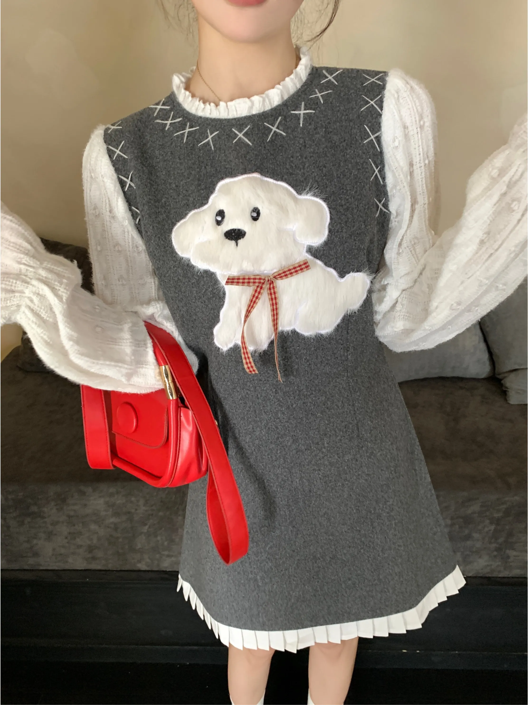 

plus Size Women's Grey Doggie Plaid Woolen Vest Dress Fake Two-Piece Long Waist-Cinching Autumn New Style Commute Wind Dress