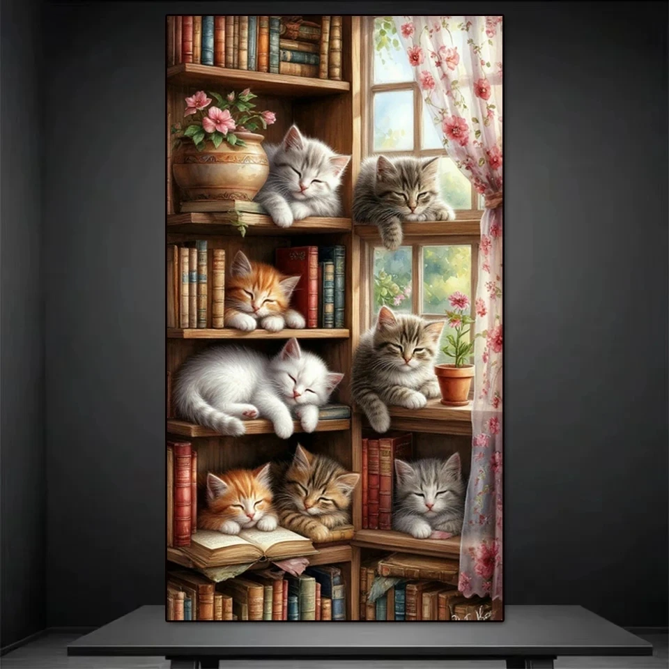 

New Arrival Diamond Painting Art DIY Cat Bookshelf Diamond Mosaic 5D Full Square Rhinestone Cross Stitch Mosaic Home Decor