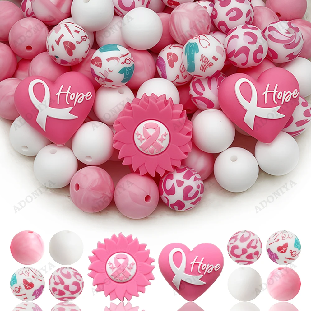 33/34Pcs Breast Cancer Awareness Themed Silicone Beads Set DIY Beaded Necklace Bracelet Decoration Pen Jewelry Pendant Etc. Holiday Birthday Gift