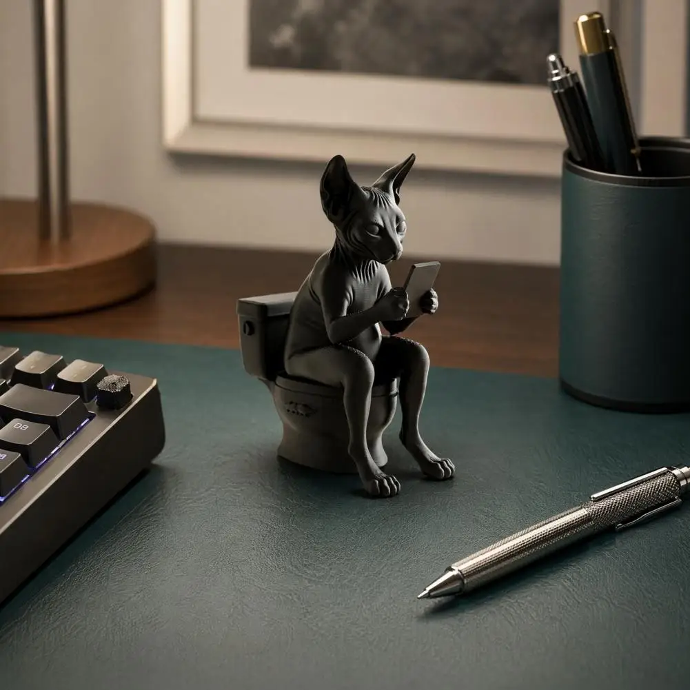 Sphynx Cat Watching Phone Desktop Decor Cute Cat Desktop Soft Furnishing 3d Printed Hairless Cat Figurine Funny for Home