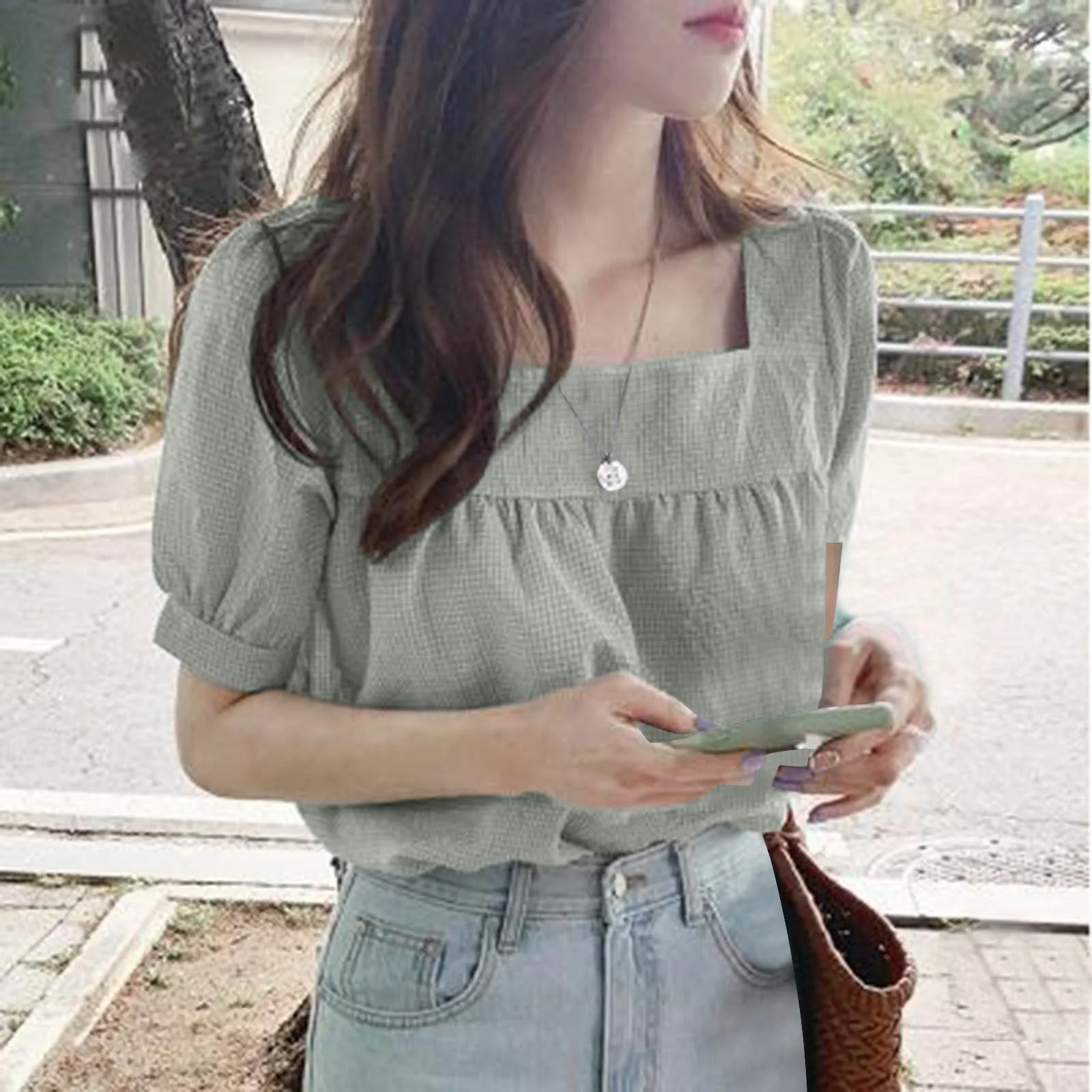 Women\'s Shirt 2024 Summer New Fashion Korean Plaid Square Collar Tops Shirt Shirt Loose Casual Versatile Short Sleeve Shirt Tops