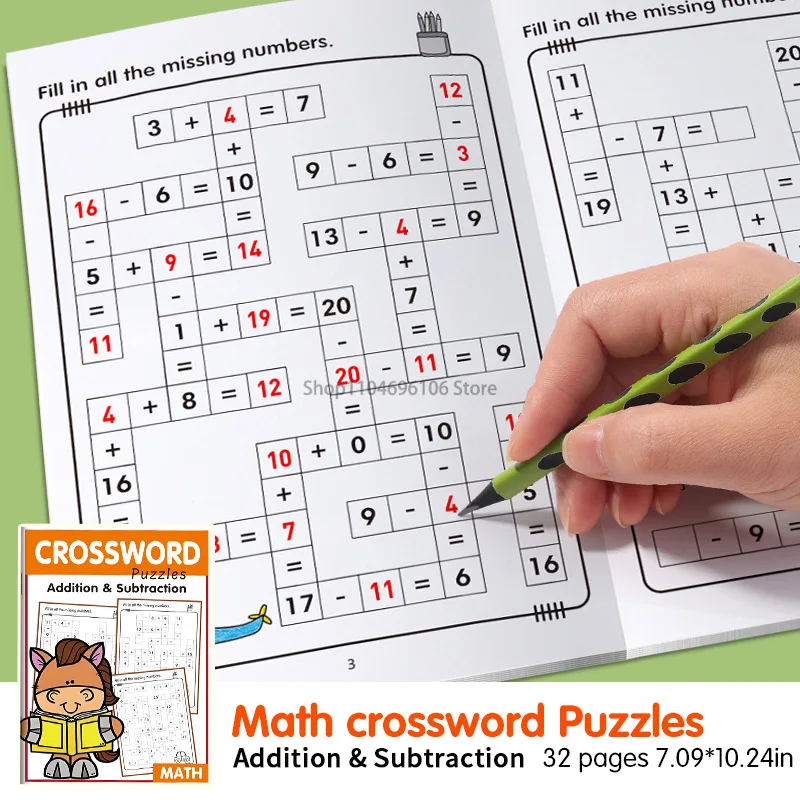 32-seitiges Kreuzworträtsel-Puzzle-Mathe-Arbeitsbuch für Kinder im Alter von 3 bis 8 Jahren: Additions- und Subtraktionsübungen mit lustigen Tier- und Bienenillustrationen