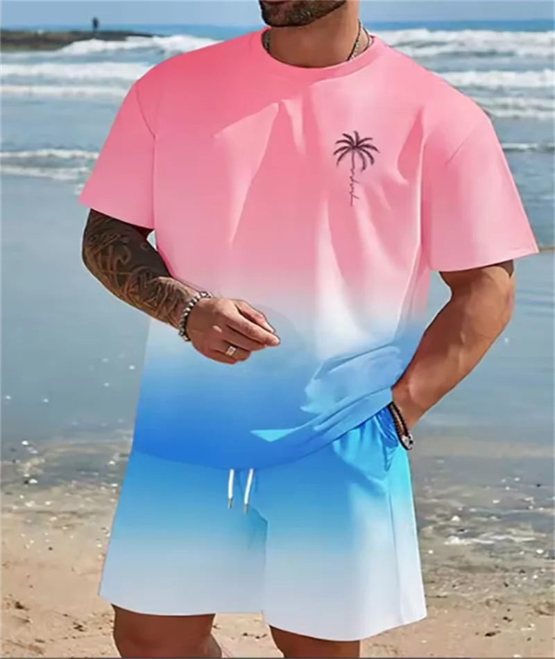 Summer 2 Piece Casual Everyday Men's Short Sleeve Shorts Set Hawaiian Printed Men's T-shirt Outdoor Sports Men's Beach Shorts