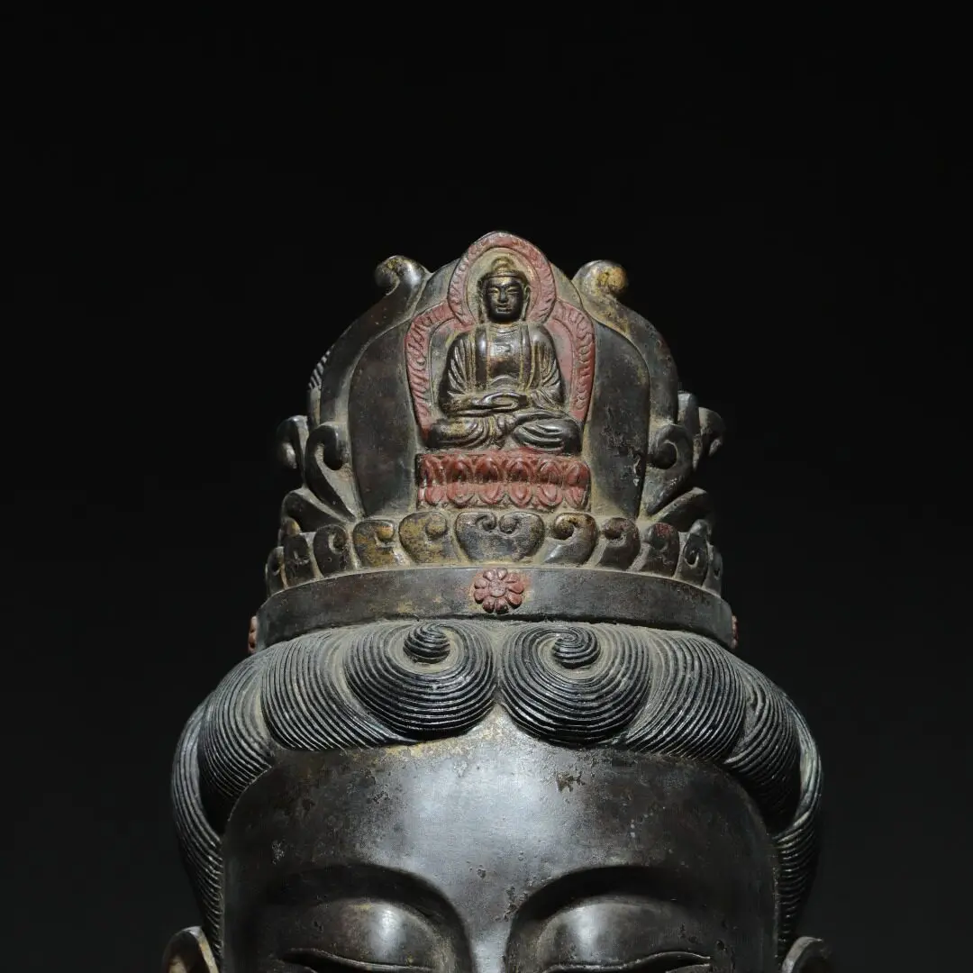 Antique Bronze Gold Gilt Guanyin Buddha Head Bust Statue Serene Face Heavy Patina Fine Craft