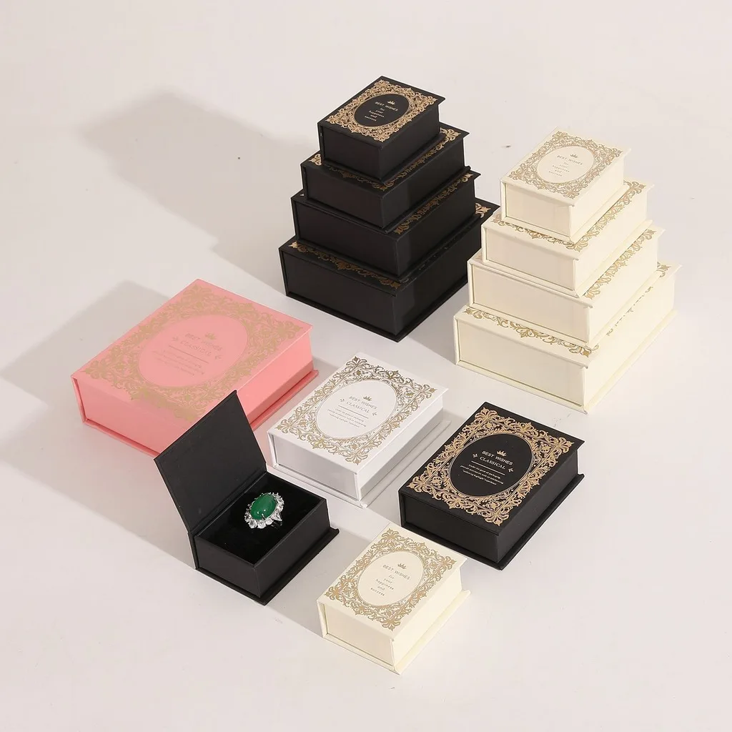 Flip-Top Book-Style Premium Jewelry Box, Rigid Cardboard Storage Case For Rings Earrings Necklaces Bracelets