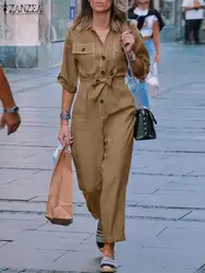 ZANZEA Elegant OL Work Overalls Summer New Jumpsuits Women 3/4 Sleeved Lapel Neck Rompers Fashion Solid Cargo Pants Oversize