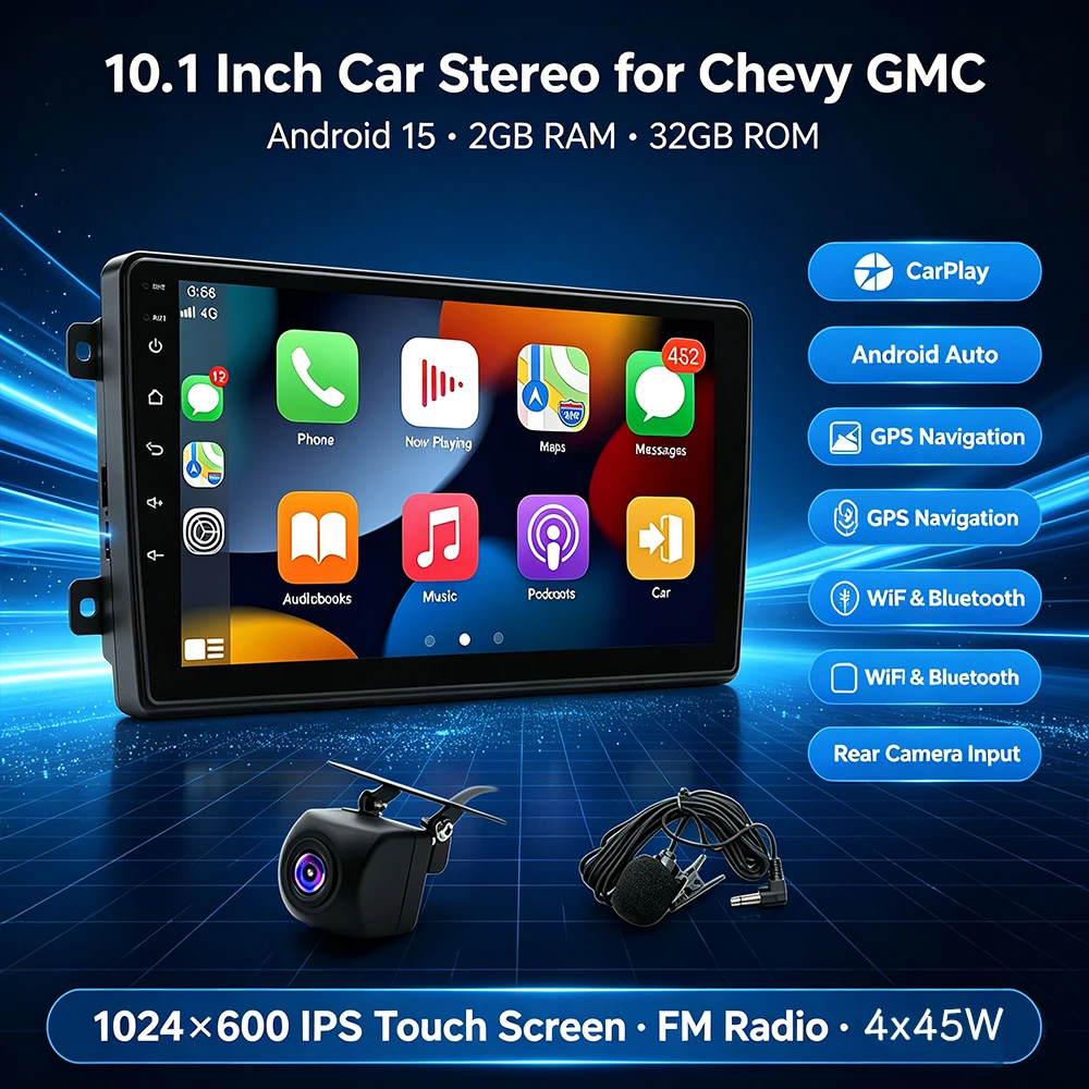 10.1Inch Android 15 Vehicle Multimedia Player 2GB+32GB For GMC For Chevrolet Avalanche 2007‑2011 Silverado 1500HD 2500HD 3500HD 2007‑2014 Wireless Carplay Android Auto GPS WiFi DSP SWC Split Screen Mirror Link FM Bluetooth Plus AHD Rear View Camera