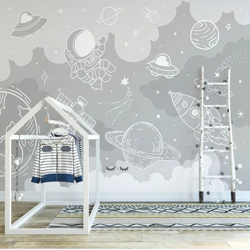 Custom Hand-Painted Cartoon Space Wallpaper Mural for Kids' Room & Living Room TV Sofa Background Personalized Home Wall Art