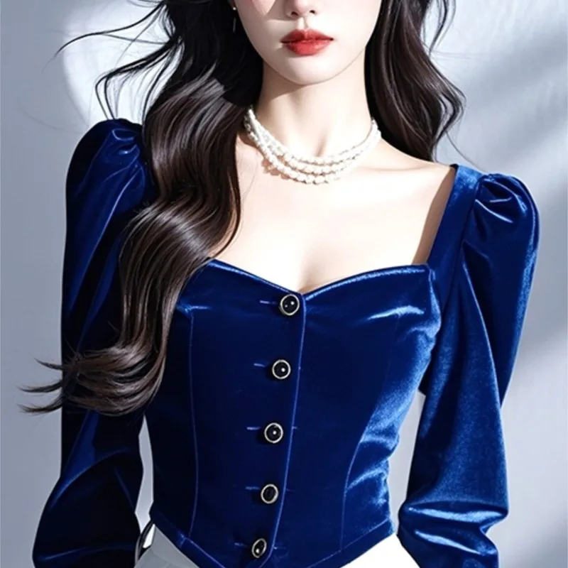 High Quality |Professional Blue Velvet Shirt Two Women Dress Suits