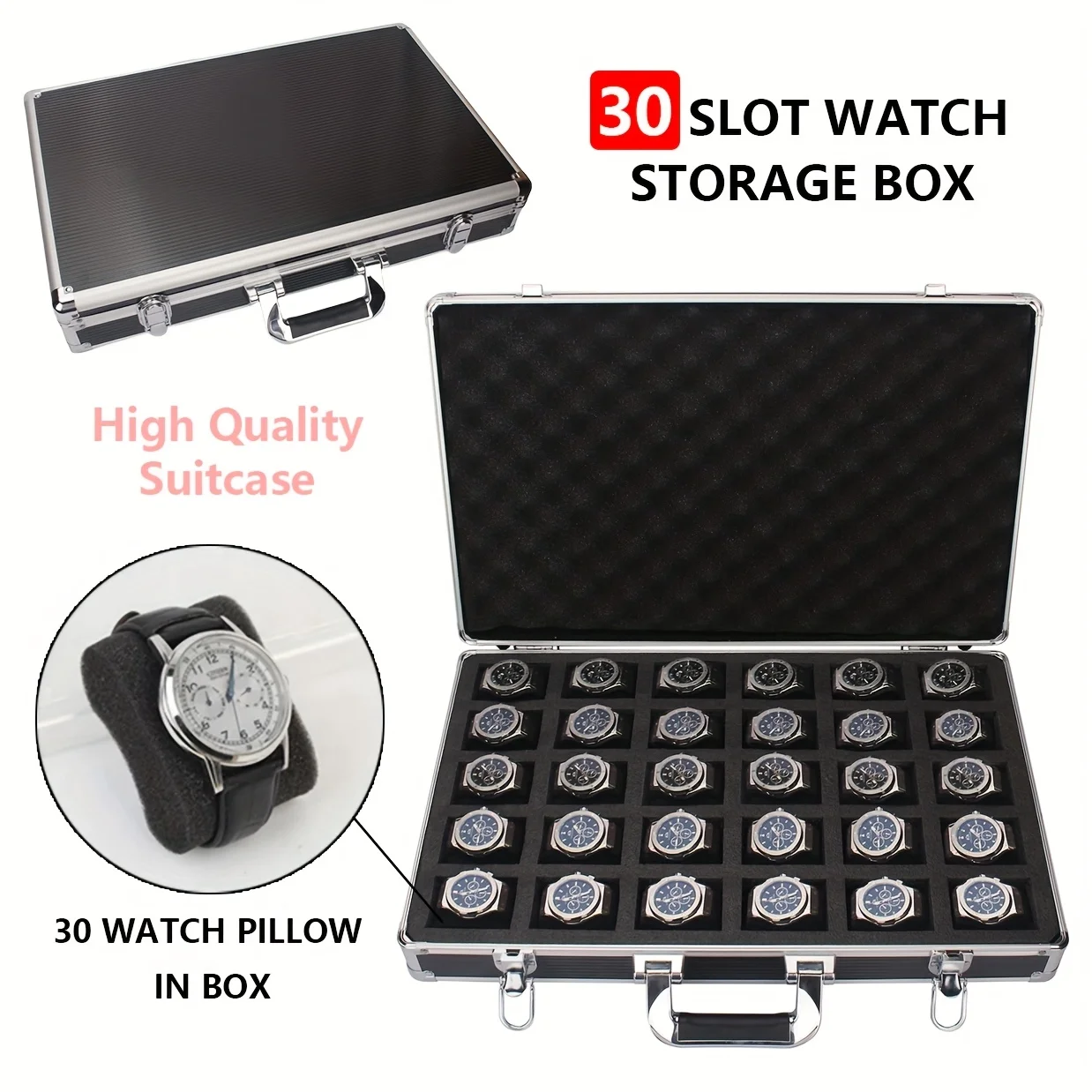 

Premium Aluminum Alloy 30 Slot Striped Large Capacity Portable Watch Box Jewelry Organizer Travel Carrying Case Storage Gift Box