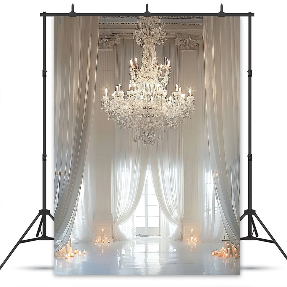 Classical White Wedding Hall Background Decor Curtain Chandelier Barot Style Backdrop Girls Birthday Portrait Photo Studio Booth