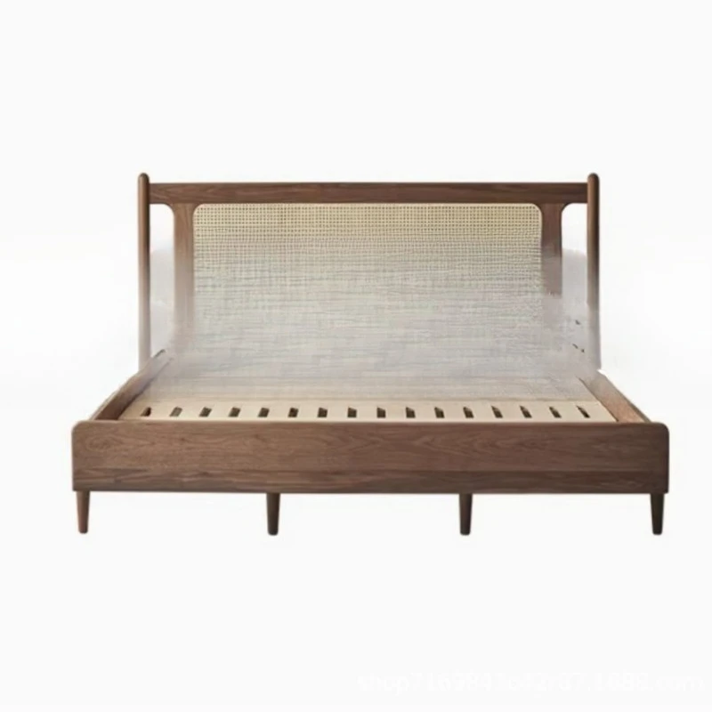 

Black walnut wabi sabi wind all solid wood rattan soft bag single double frame new Chinese furniture handmade