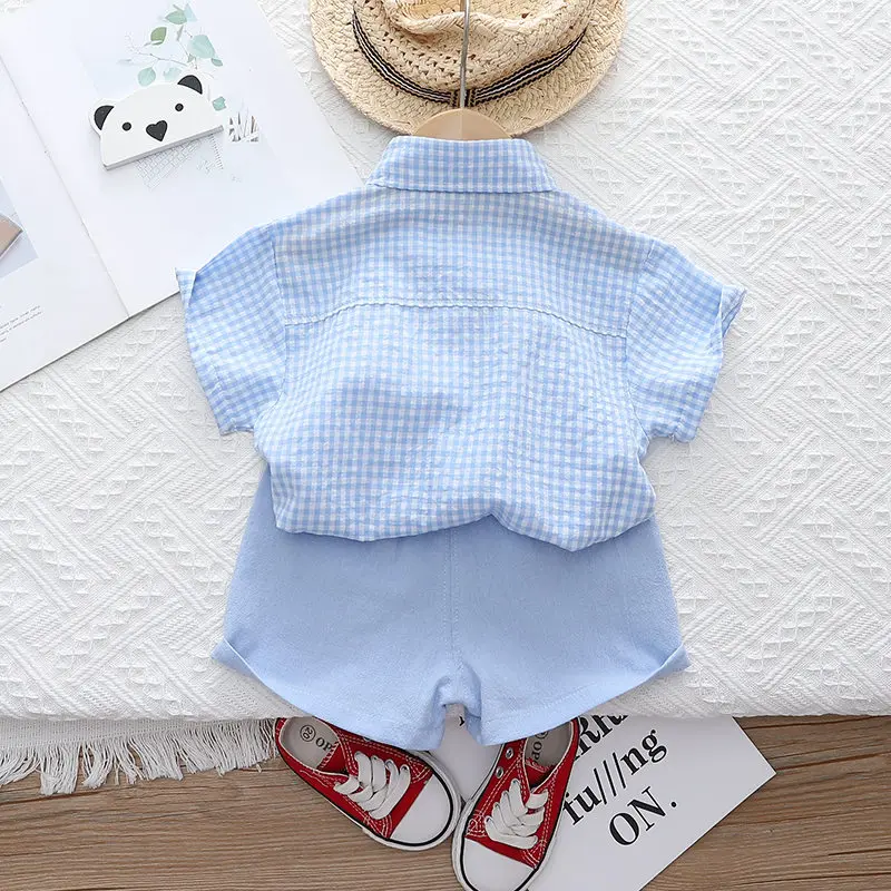 Summer Casual Plaid T-Shirt And Pants Set with Tie for Baby Boys Cotton Toddler Outfit 2Pcs Clothing Suit Kids Clothing