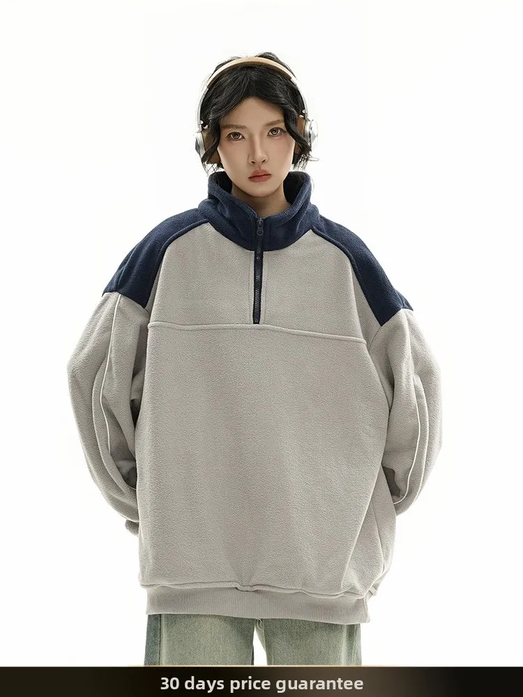 

Nted Autumn New Loose Fit Fce Hoodie Men's American Retro Color Blo Stand Collar Casual Outerwear Polyester Fiber