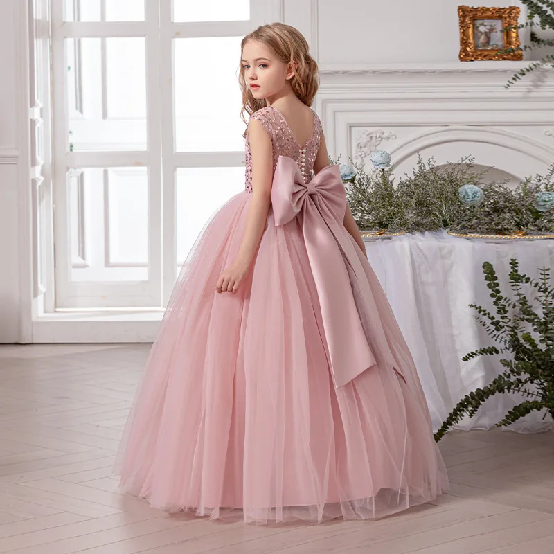 Luxury Flower Girl Long Dress Girl Princess Wedding Dresses Big Bow Lace Puffy Teenage Girls Birthday Gowns Party Little Girl