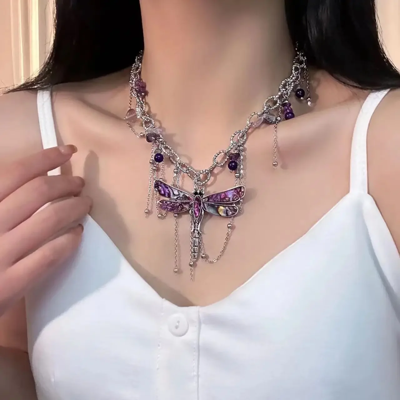 

Purple Dragonfly Necklace For Women Tassel Bead Pendant Clavicle Chain 2024 Pendant Necklaces Trendy Jewelry Gift