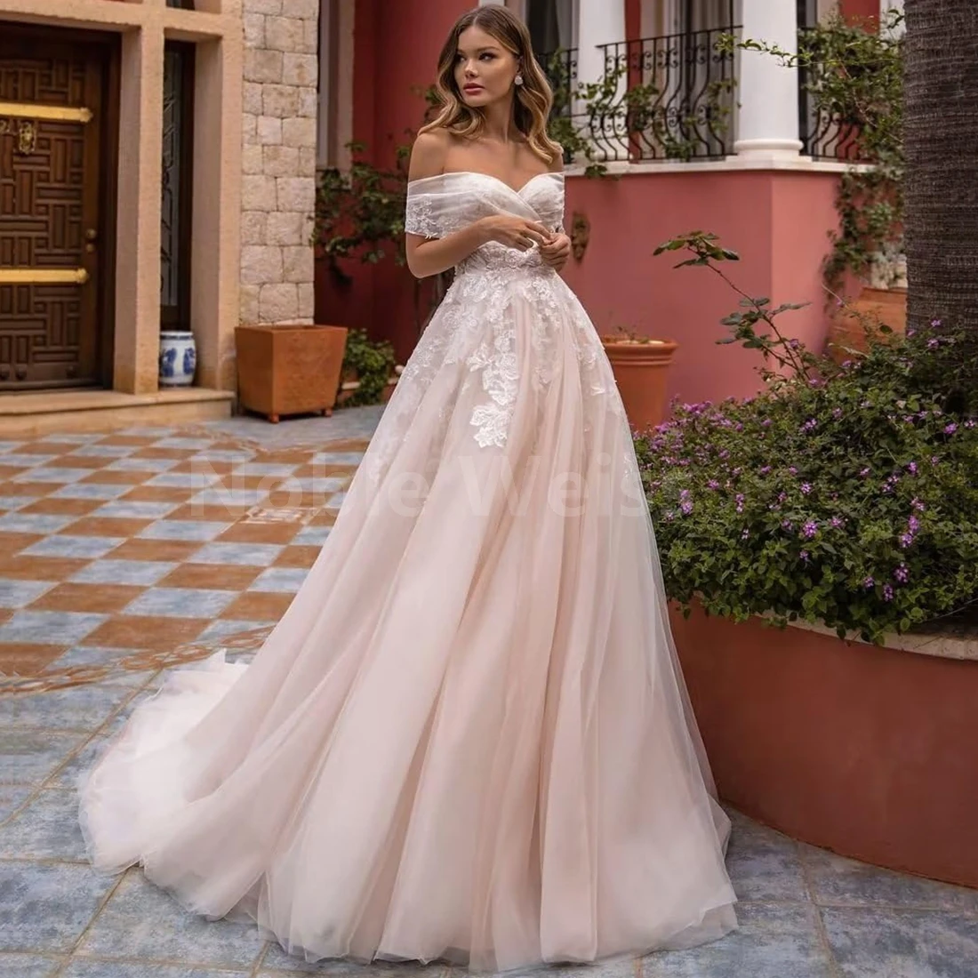 Elegant A-Line Tulle Wedding Dress with Stunning Blossom Applique and Brush Train for Brides Customized