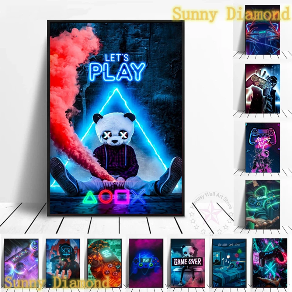 

DIY 5D Diamond Painting Eat Sleep Neon Game Repeat Gaming Full Round Mosaic Embroidery Wall Art Rhinestone Kids Boys Home Decor