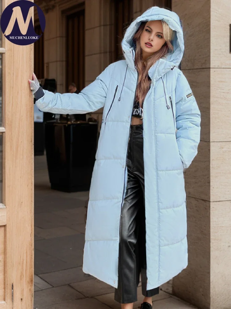 

Women's Long Sleeved Hooded Down Jacket, Casual Parkas Loose Thickening Coats, Above the Knee, Korean Fashion, New, Winter, 2025