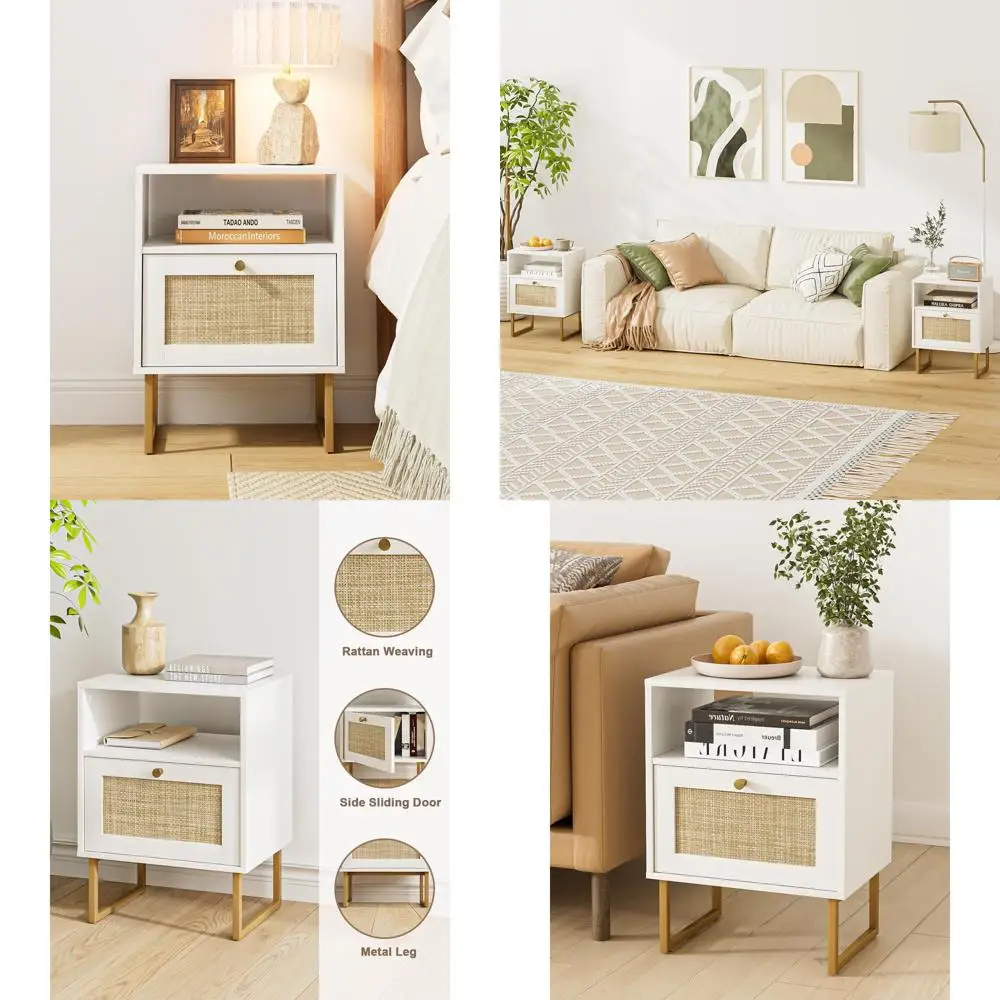 

Прикроватная тумбочка в стиле фермерского дома из ротанга с местом для хранения и открытой полкой, белый акцентный столик для спальни или гостиной