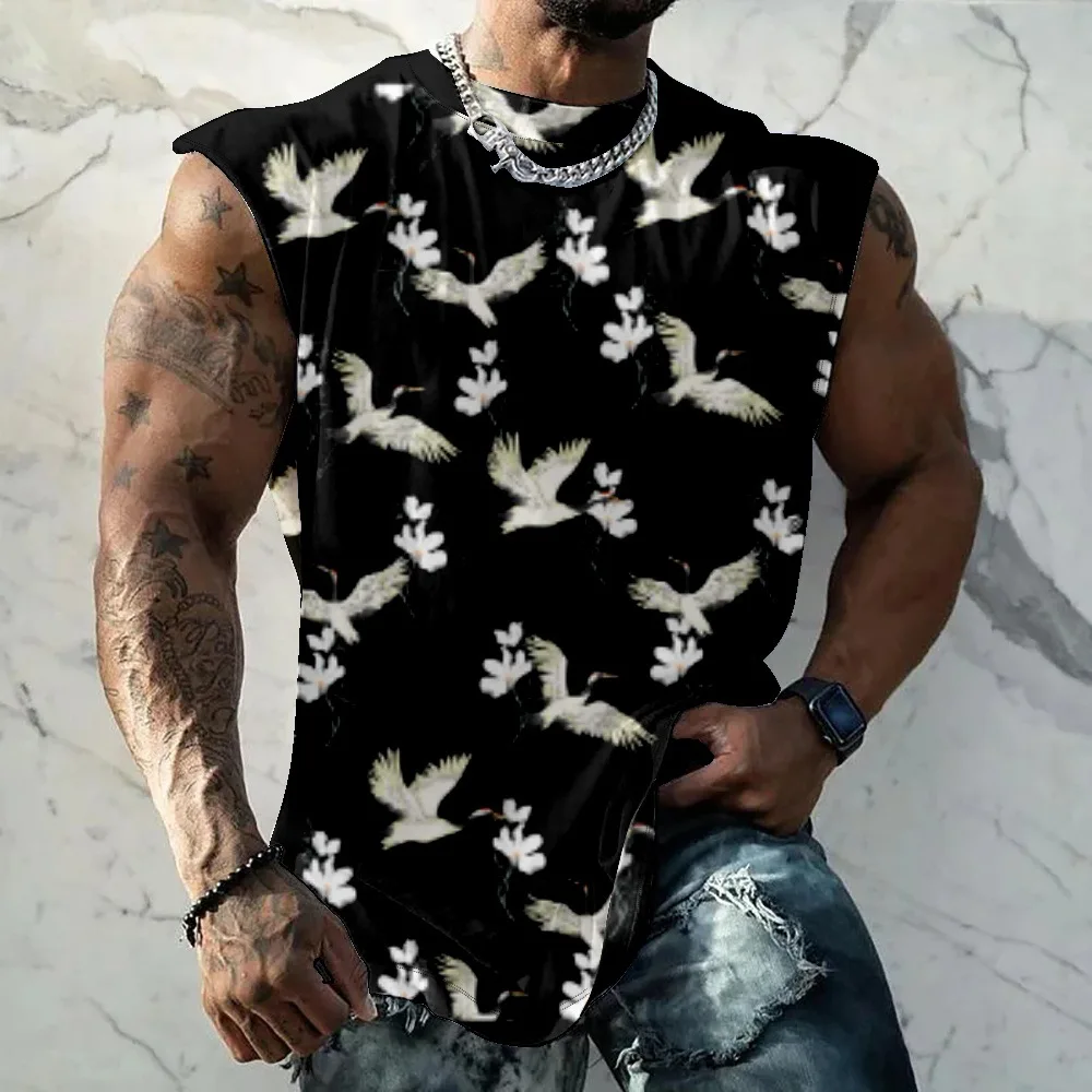 

Summer Fitness Black Crane Print Tank Top Men Bodybuilding Gyms Clothing Men Shirt Vests Singlets Muscle Tops