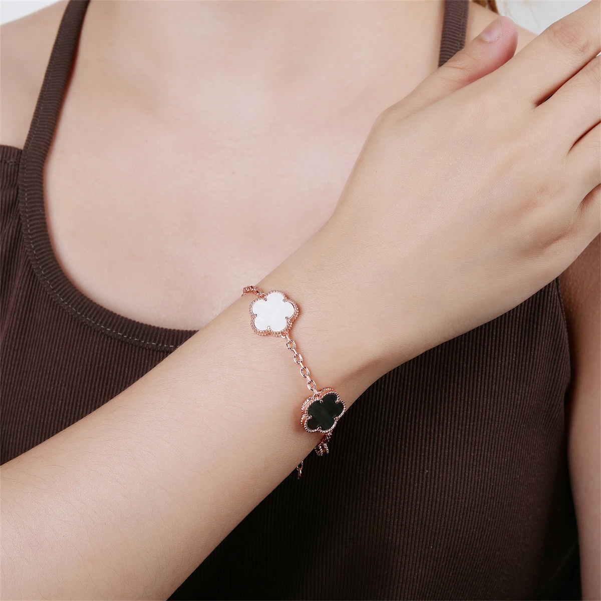 Rose Gold Hot Selling Natural Stone Plum Blossom Plant Five Leaf Flower Adjustable Bracelet 15MM High Quality Gold Plated Clover