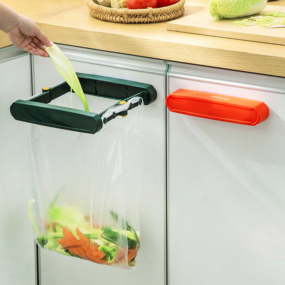 Garbage Bag Holder Wall Mounted Foldable Hanging Trash Bag Storage Rack Cupboard Hanging Trash Can Stand Kitchen Organizer