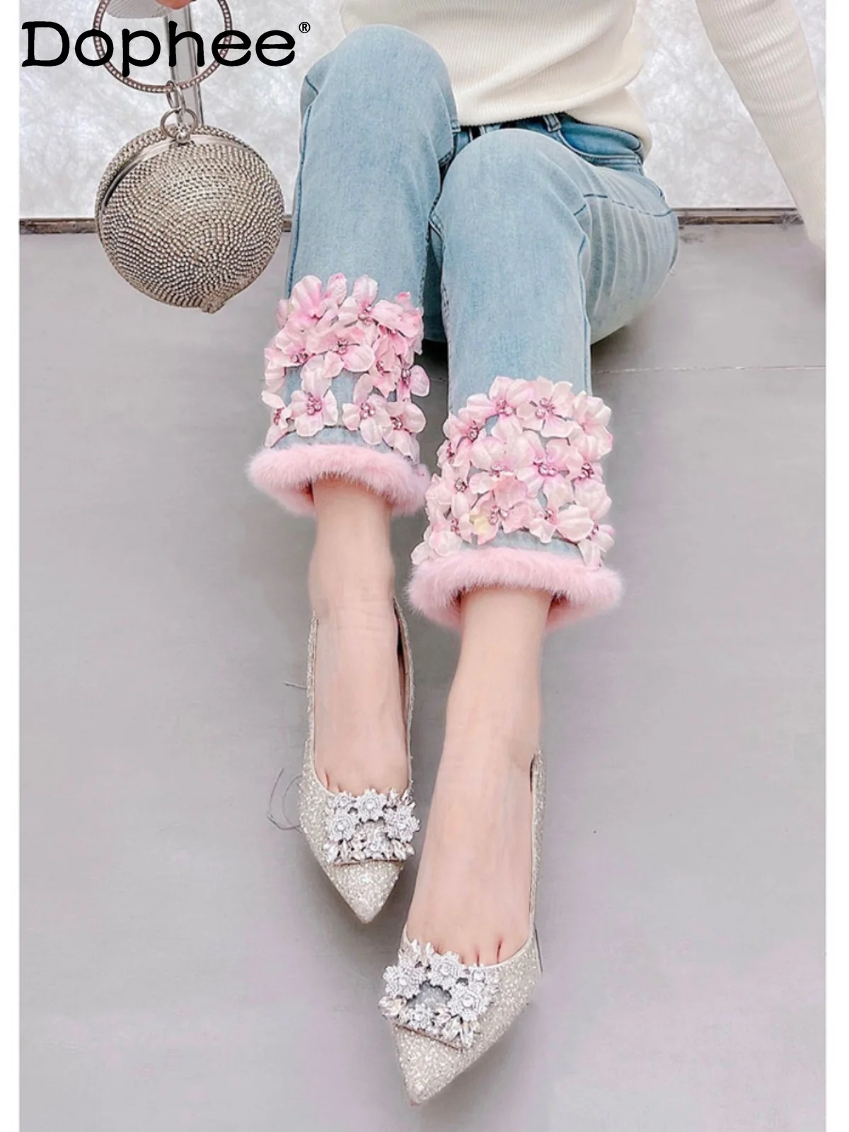 Design Sense Heavy Industry Beaded Flowers Fleece Jeans Women's Winter New High Waist Skinny Elastic Straight Pants Light Blue