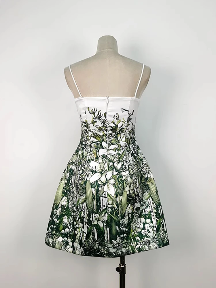 LISM Modisches Damen-Druckkleid, Brustumhüllung, rückenfrei, grüne Blume, Taille, Rückzug, kurze, elegante Partykleider, 2024, Neu