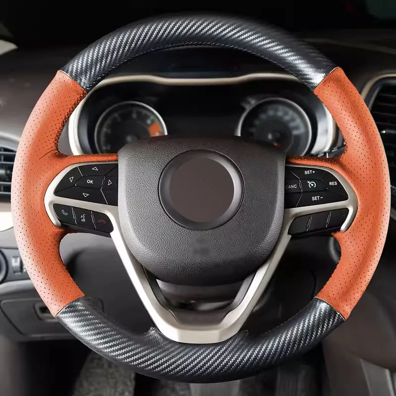 

Black Matt Carbon Fiber and Orange Perforated Leather Full Wrap Car Steering Wheel Cover Car Accessoires for Jeep Grand Cherokee