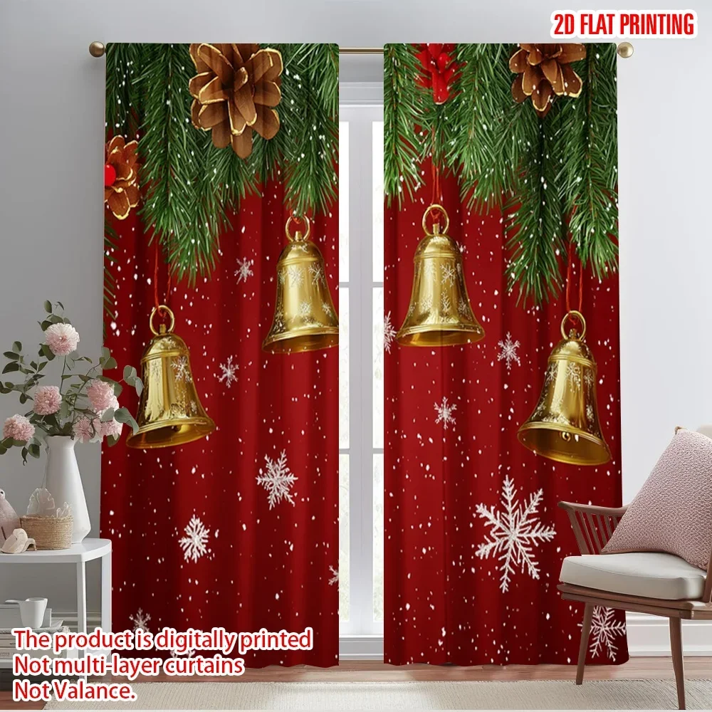 

2pcs,2D plane printing Pattern Curtains Christmas Bells Snowflakes Holiday Durable 100% Polyester Fabric (without rod) Versatile