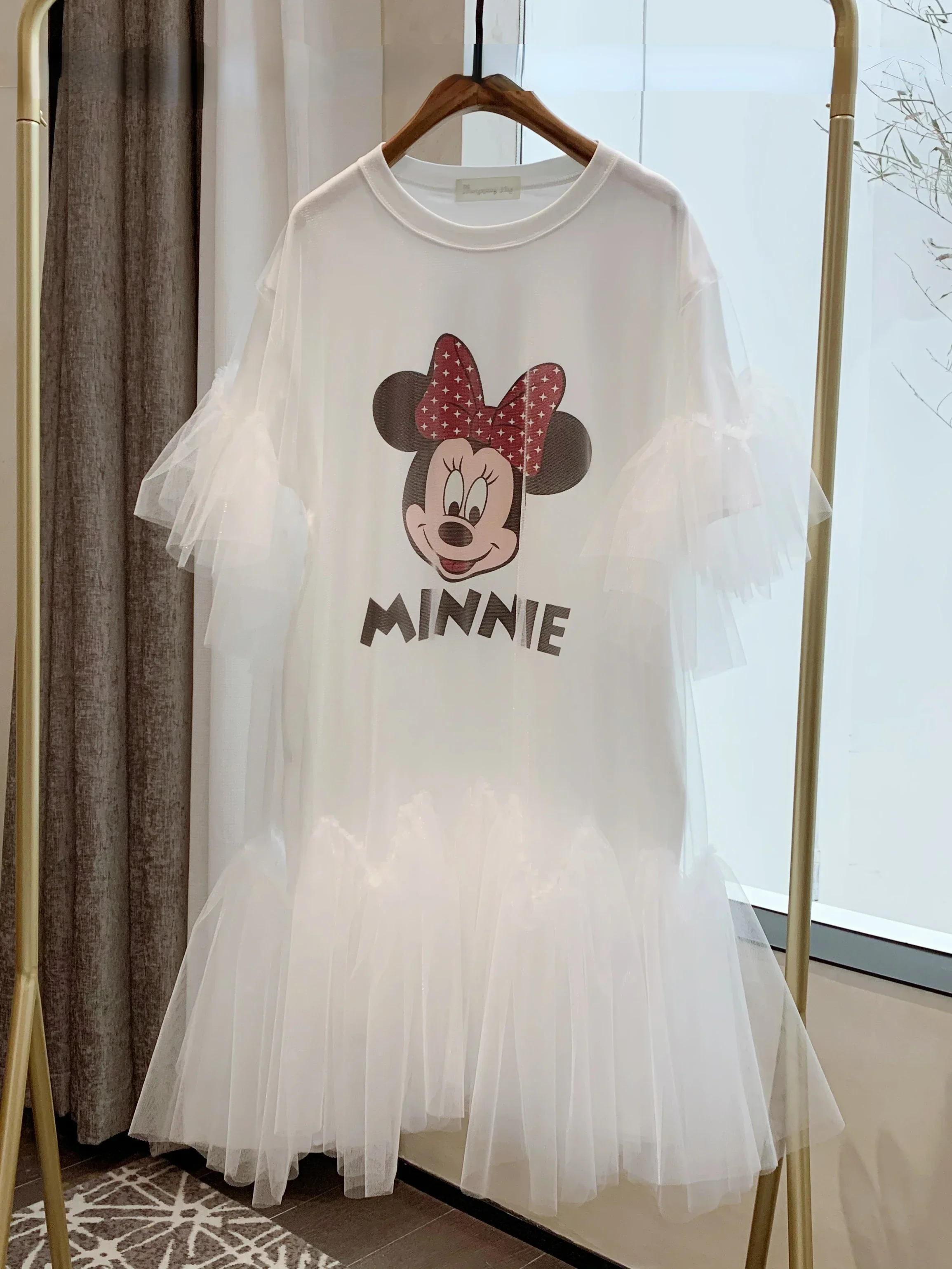 Summer New Sweet Cartoon Printed Short Sleeve Loose T-shirt Women Stitching Puffy Mesh Yarn False Two Pieces Veil T-shirt Dress