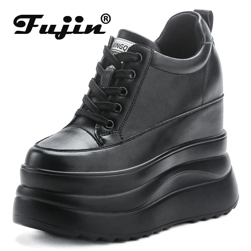 Fujin 13cm 2025 Genuine Leather Platform Wedge Flats Shoes Chunky Sneaker Casual Comfy High Brand Spring Autumn Vulcanize Shoes