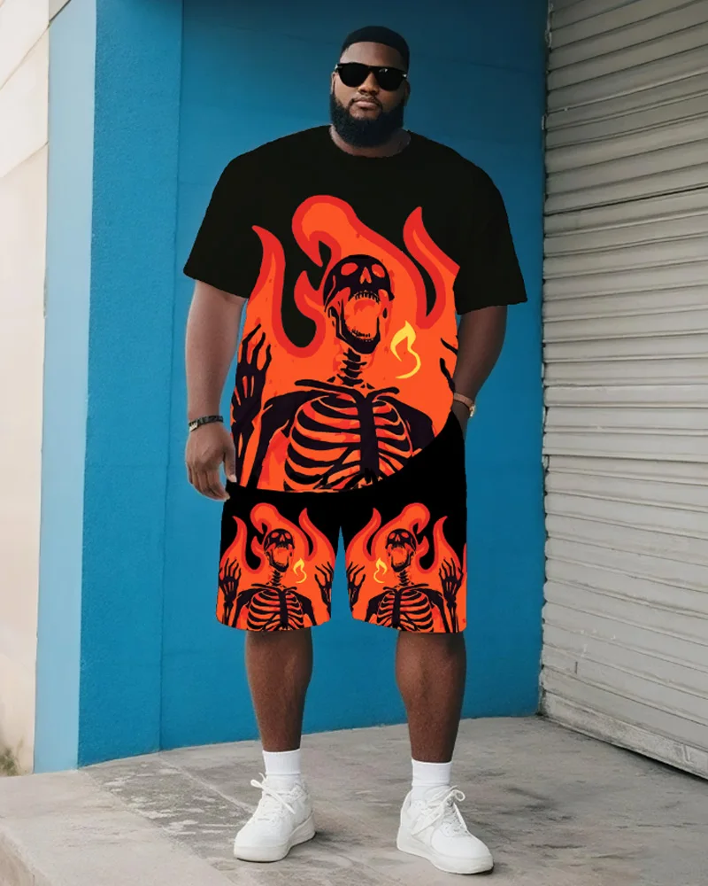 

Big & Tall S-9XL Men's Plus Size Halloween Skull Short-Sleeved T-Shirt and Shorts Two-Piece Set