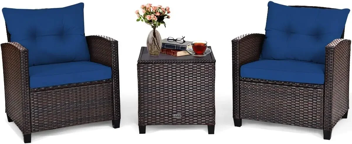 

3PCS Patio Furniture Set, PE Rattan Wicker Sofa w/Washable Cushion and Coffee Table, Tempered Glass Tabletop for Balcony, Porch
