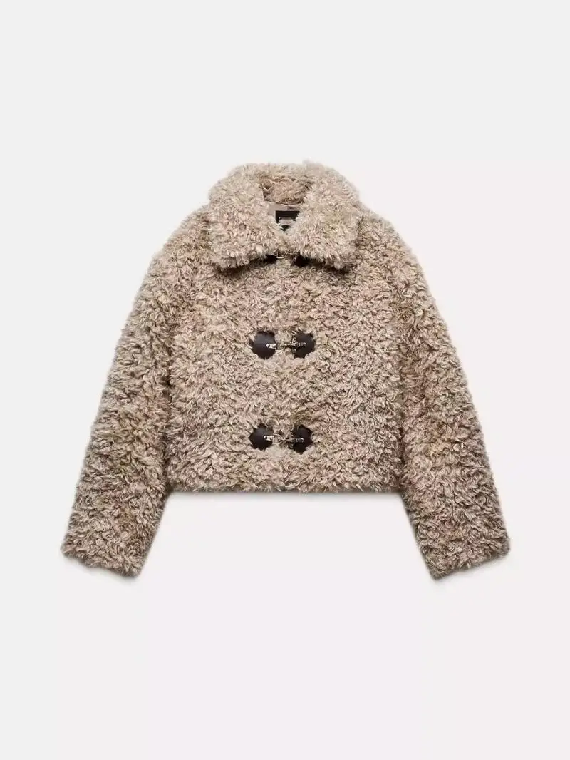 เสื้อโค้ทขนแกะสำหรับผู้หญิง คอลเลคชั่นฤดูใบไม้ร่วง-ฤดูหนาว รุ่นใหม่ล่าสุด ทรงหลวม สไตล์ลำลอง บุขนแกะ แขนยาว ผ้าโพลีเอสเตอร์