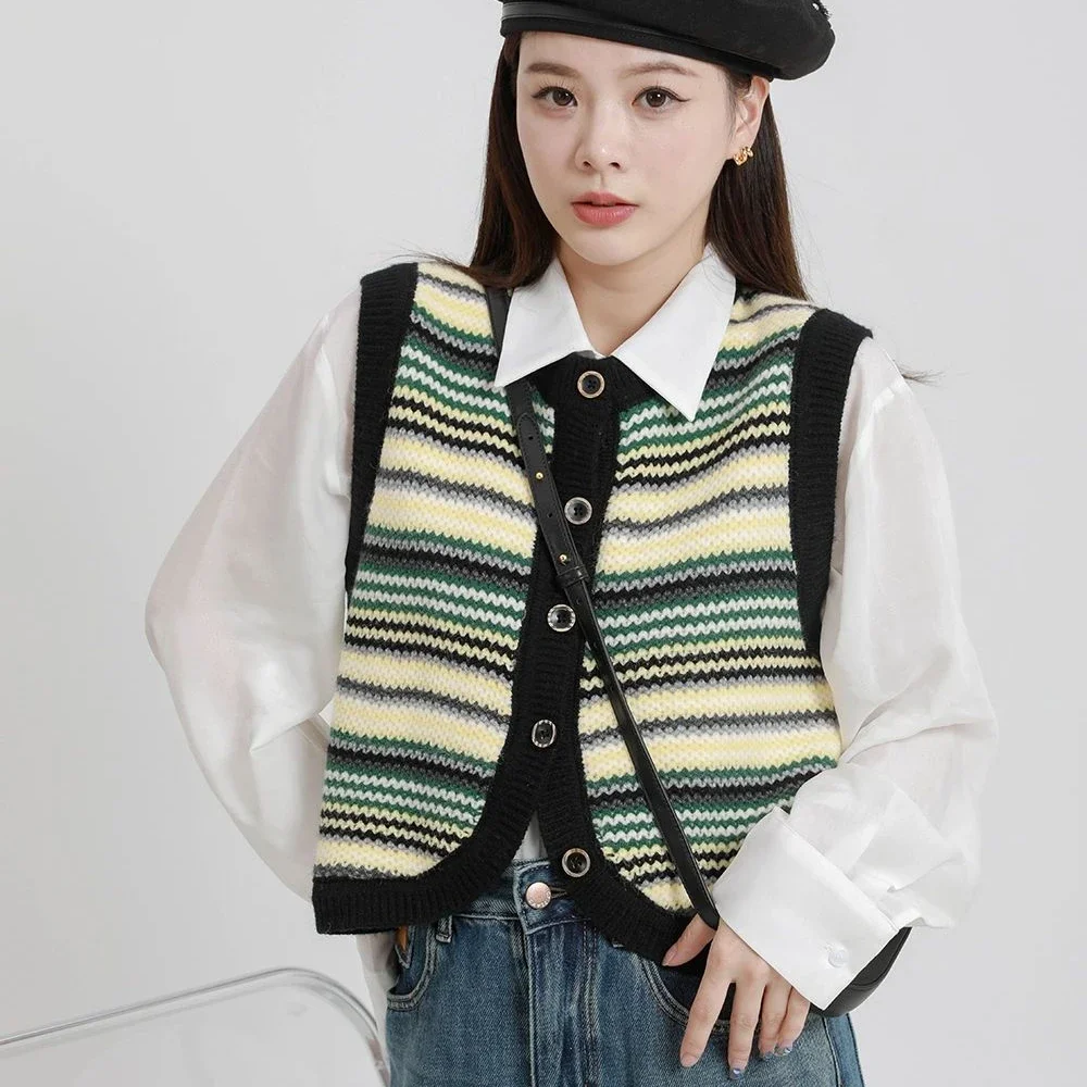 

Свитер и жилеты, женские полосатые винтажные рубашки во французском стиле, студенческие милые шикарные универсальные Harajuku, Новое поступление, осеннее консервативное платье