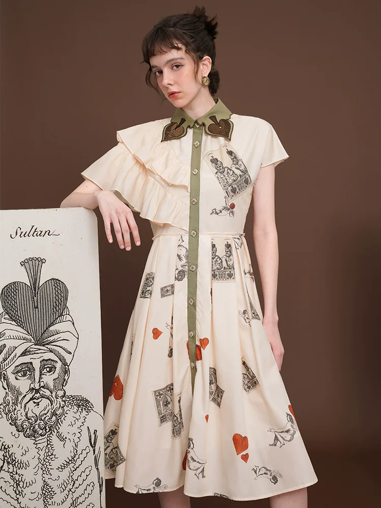 Spring Summer Original Design Women Exquisite Poke Leaves Embroidery  Print Shirts Dresses