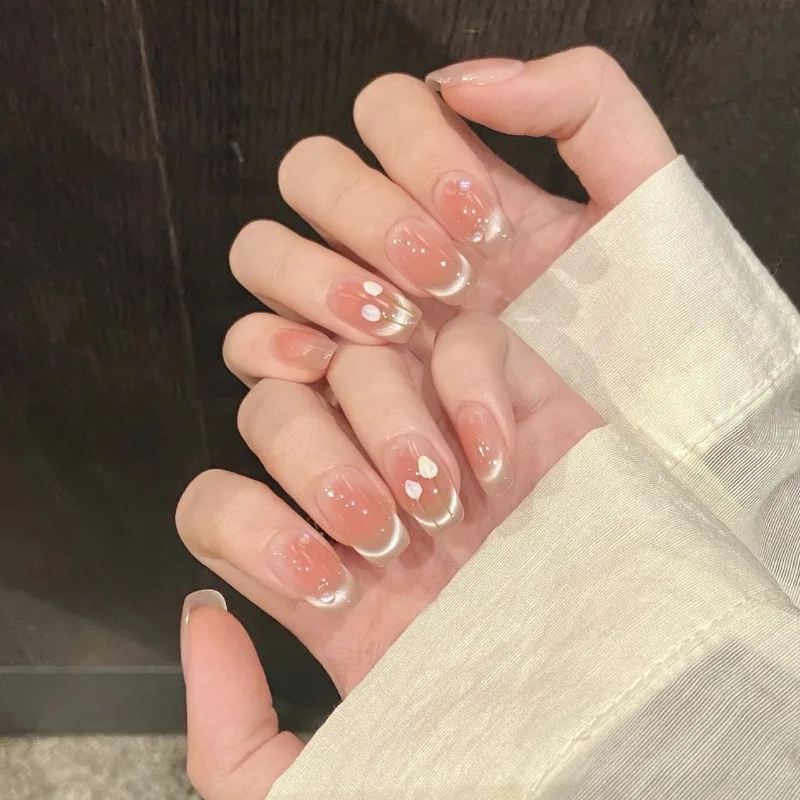 10 pçs artesanal flor moda unhas falsas verão rosa olho de gato francês quadrado imprensa em unhas primavera verão unhas falsas removíveis