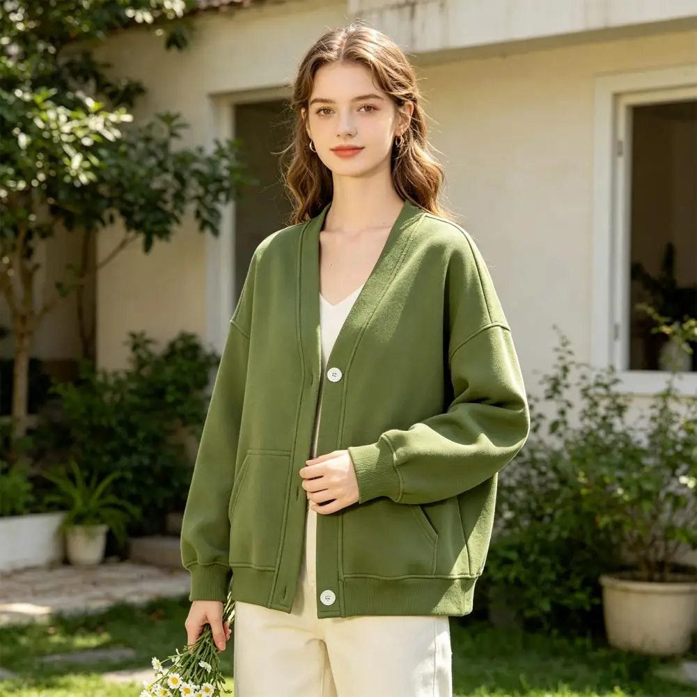 Women Button Front V Neck Cardigan Solid Color Oversized Sweatshirt Dual Pockets Long Sleeve Casual Jacket Fall Winter
