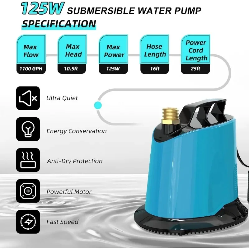 125W 1100GPH Submersible Water Pump with 16ft Drainage Hose, 25ft Extra Long Power Cord & 4 Hose Adapters