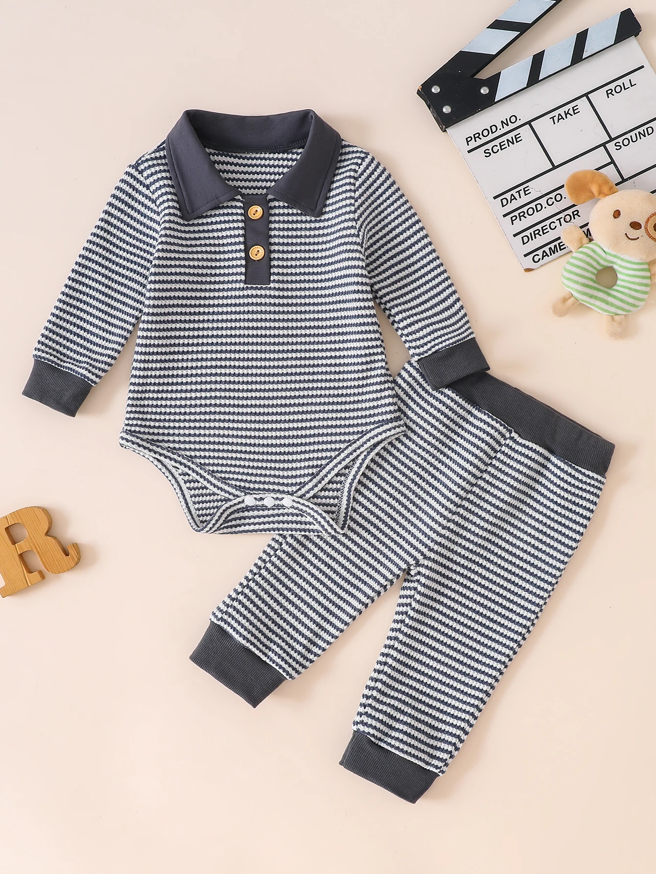 Striped Waffle Knit Baby Outfit Set Lapel Long Sleeve Bodysuit + Elastic Pants Infant Casual Daily Home Wear Two Piece Clothes
