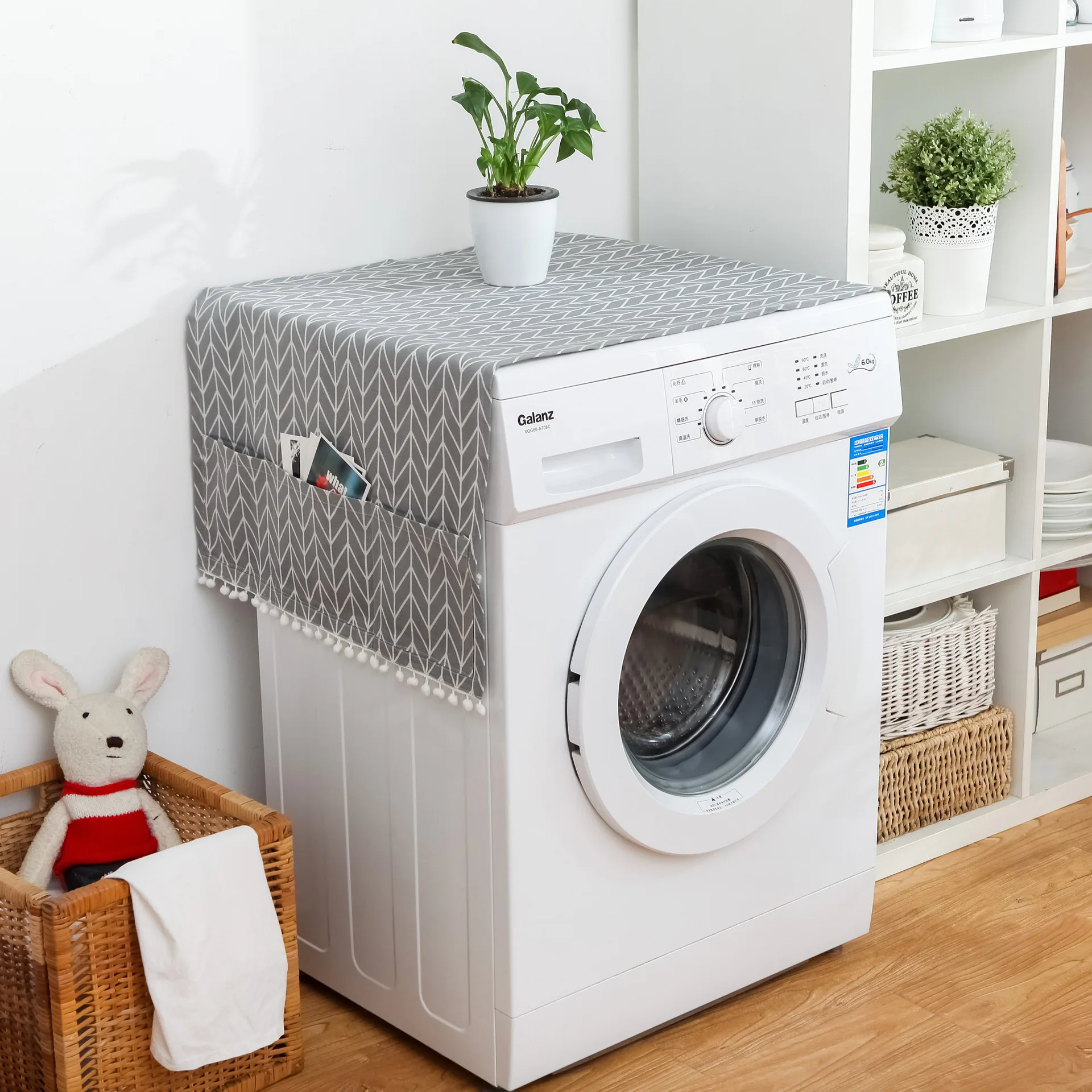Pattern Washing Machine Dust Cover with Storage Pocket Pom Pom Fridge Microwave Top Dust Proof Protector Home Decor Cloth