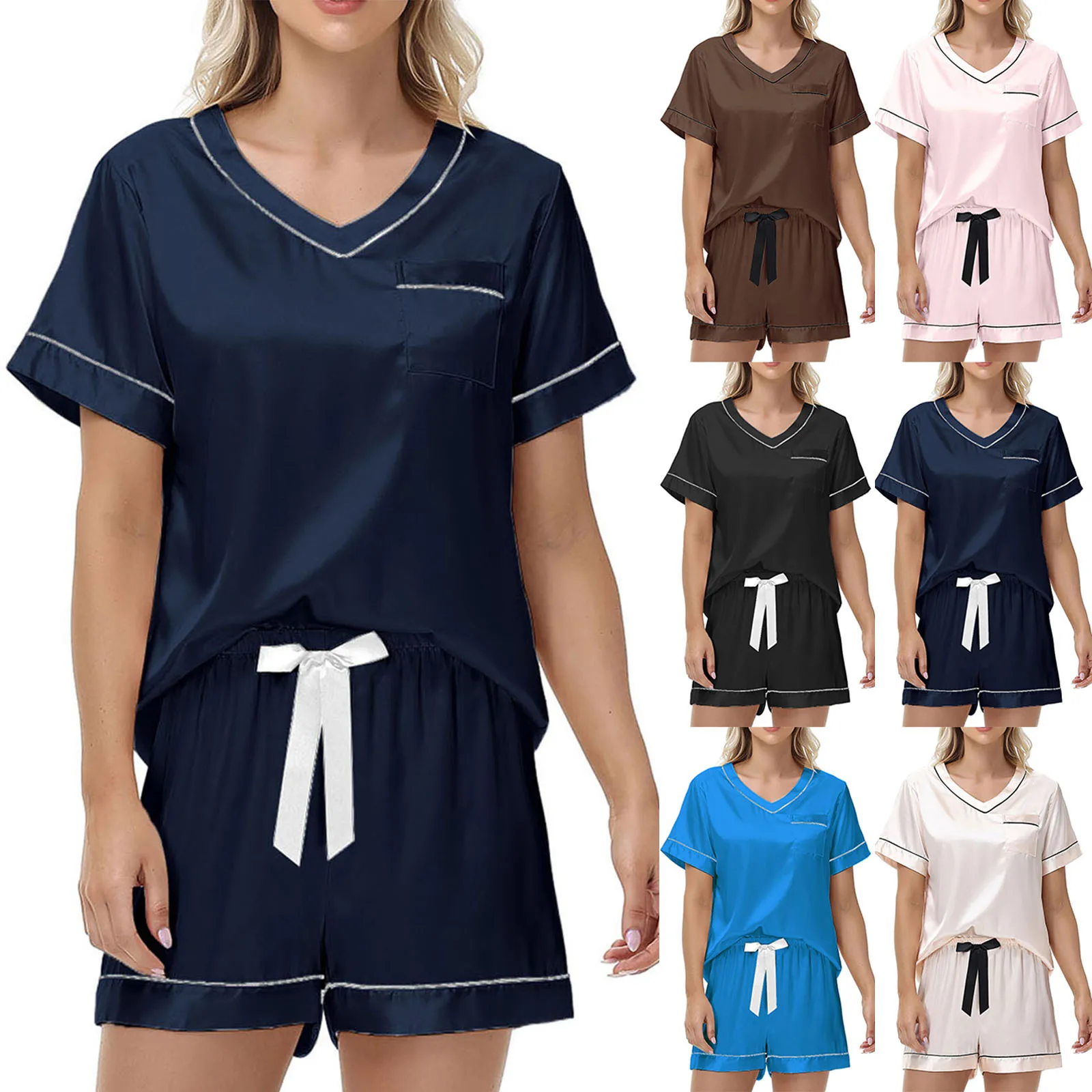 女性用スリープラウンジセット、プラスサイズ、シームレスサテンパジャマ、vネックプルオーバートップとショートパンツセット、柔らかく快適なホームナイトウェア