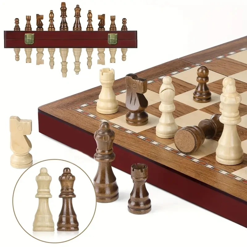 Chess 39cm/15.35inch Collapsible large size Wooden chess set  high-grade sculpted chess board - 2 extra queens, a good gift