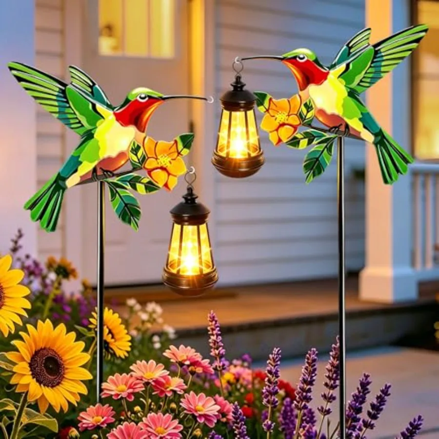 

Solar Lights Outdoor Waterproof Hummingbird Decorative, 29in Metal Hummingbird Garden Stakes with Solar Lanterns for Yard Art O
