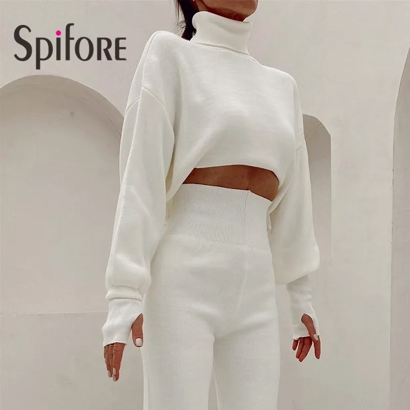 Spifore Knitted Turtleneck Woman Pullovers Long Sleeve Solid Loose Casual Fall Winter Fashion Sweaters INS Women Crop Top