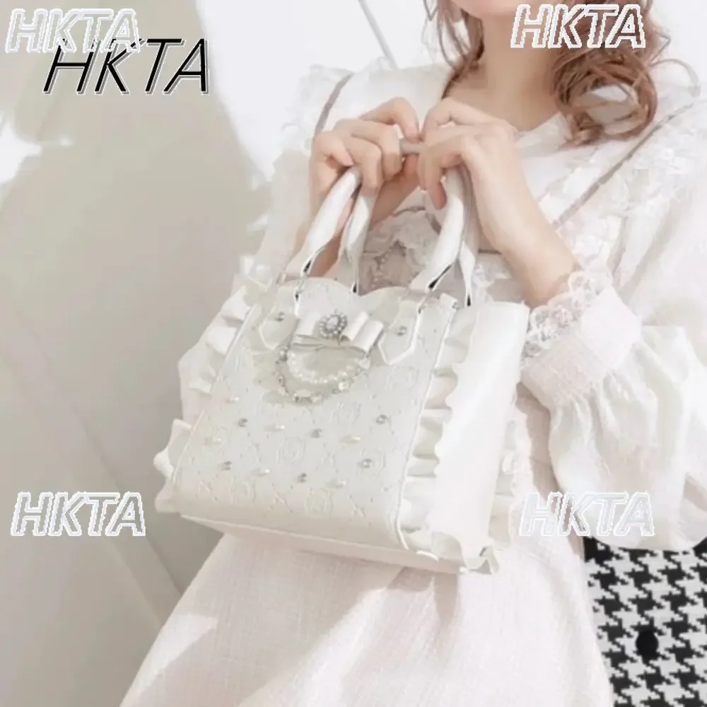 Sweet Girls Japanese Tote Bag Summer New Cute Handbag Pearl Rhinestone Shoulder Handbag Mine Bow Crossbody Backpack Women Bags