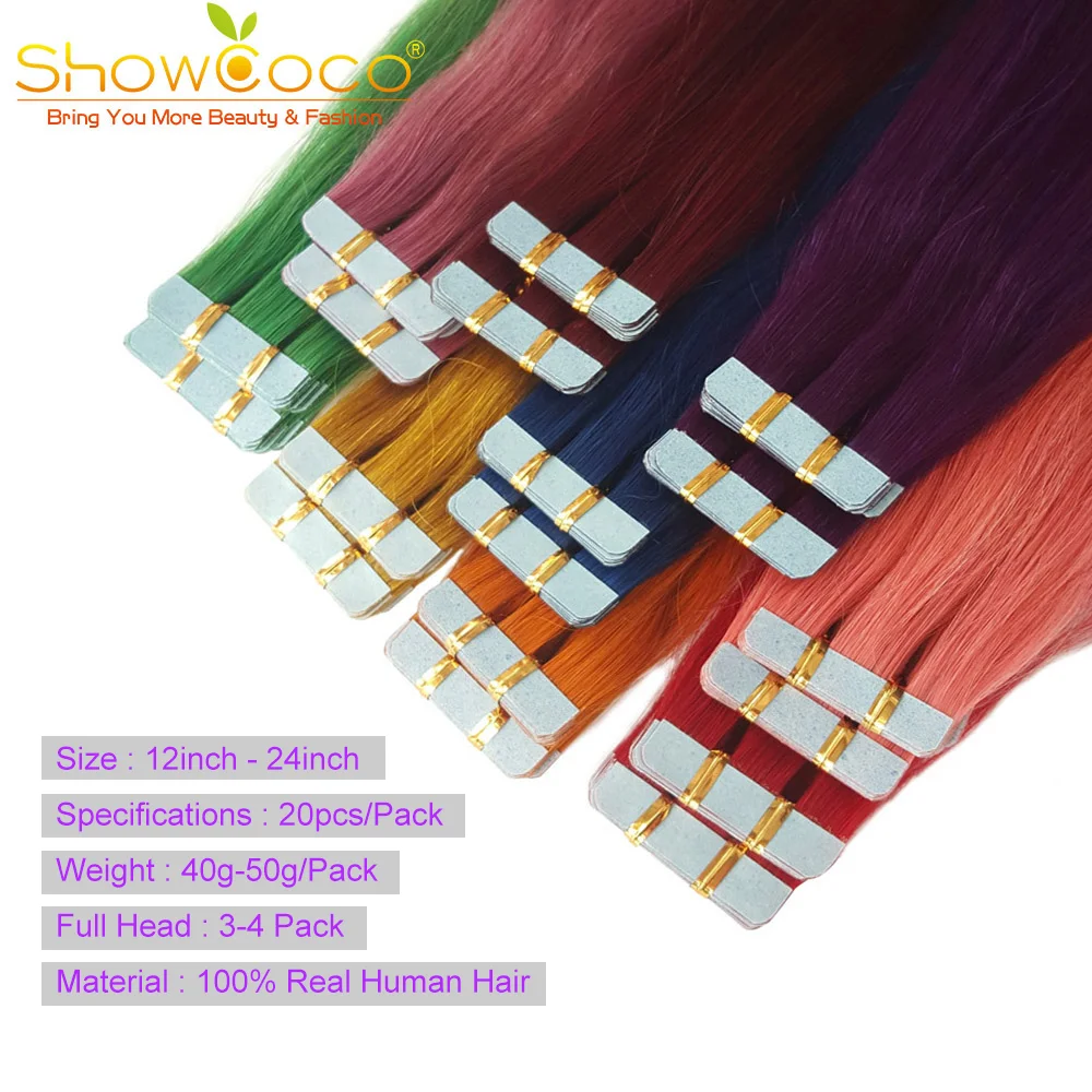 Showcoco Tape in Hair Extensions 100% Remy Hair Invisible Double Sided Blond Color And Colorful Human Hair 14\